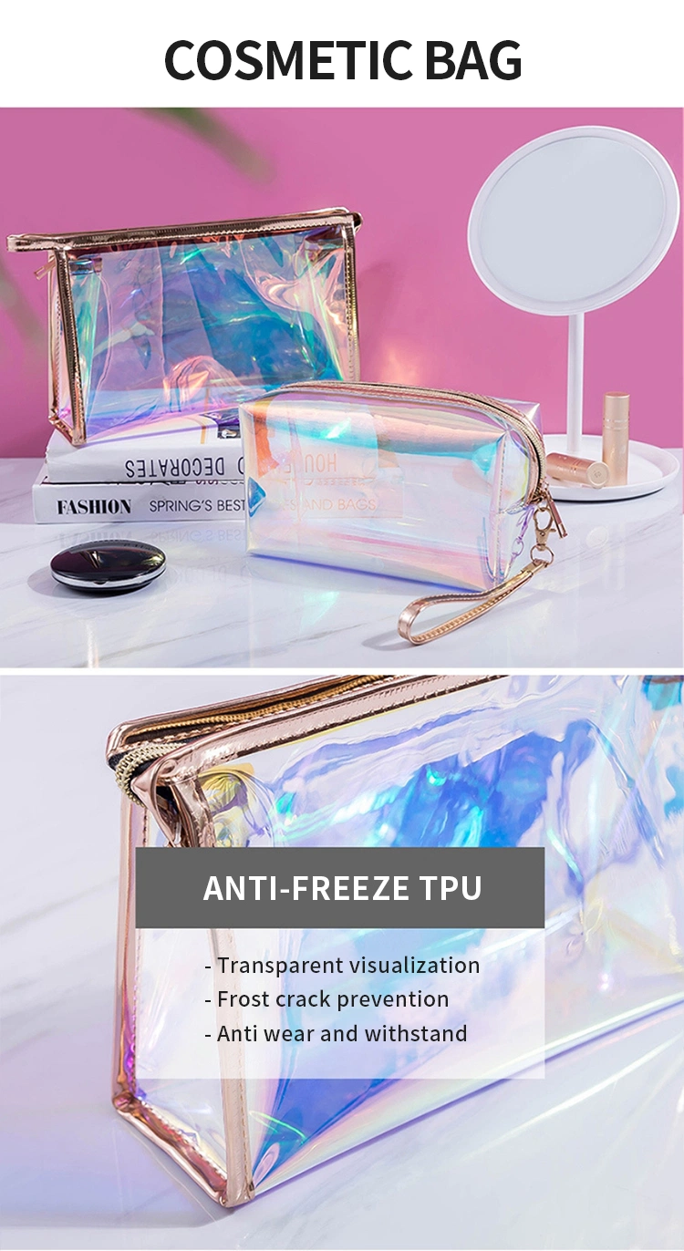 High Quality Women Fashion Portable Laser Transparent TPU PVC Brush Organizer Trolley Cosmetic Storage Bag