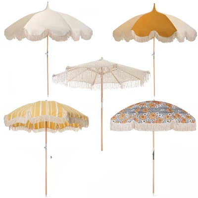 Оптовая продажа, роскошные винтажные пляжные зонтики с бахромой и кисточками, портативный открытый деревянный столб в стиле бохо, большой зонтик от солнца
